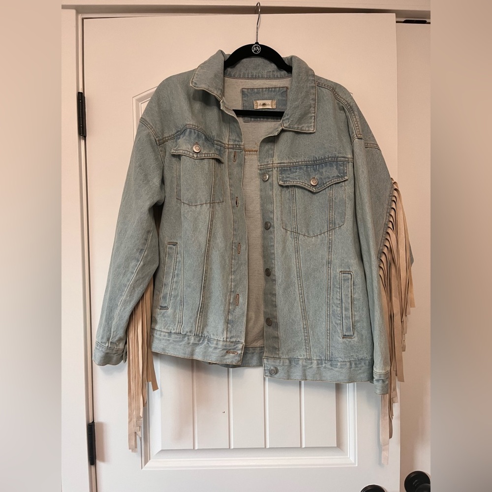 Altar'd State Light Wash Denim Jacket with Beige Fringe